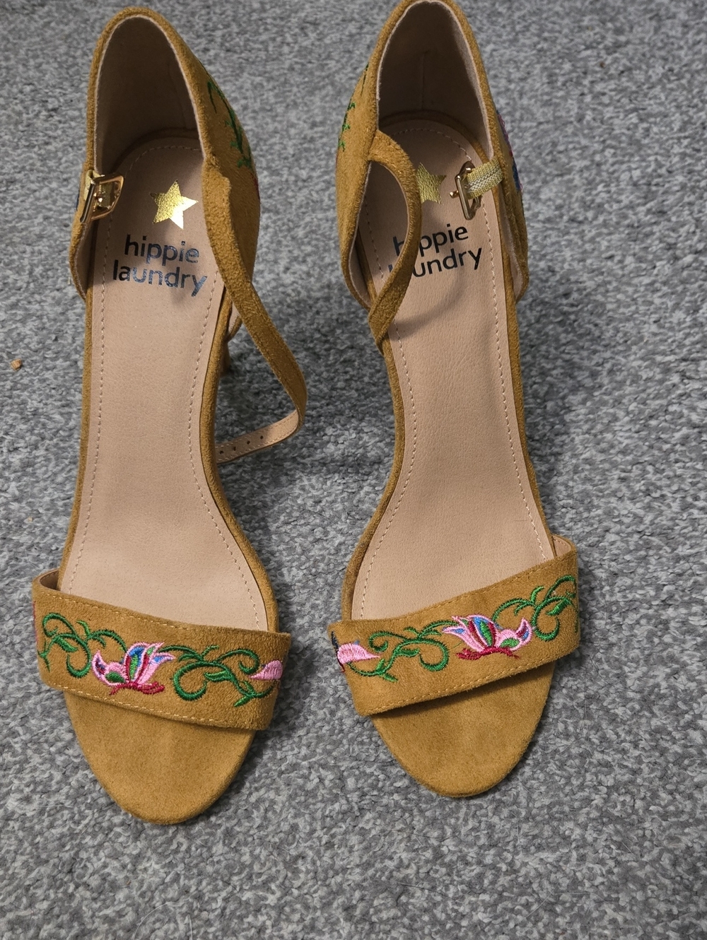 hippie laundry Mustard Suede Floral Embroidered Ankle-Strap Heels